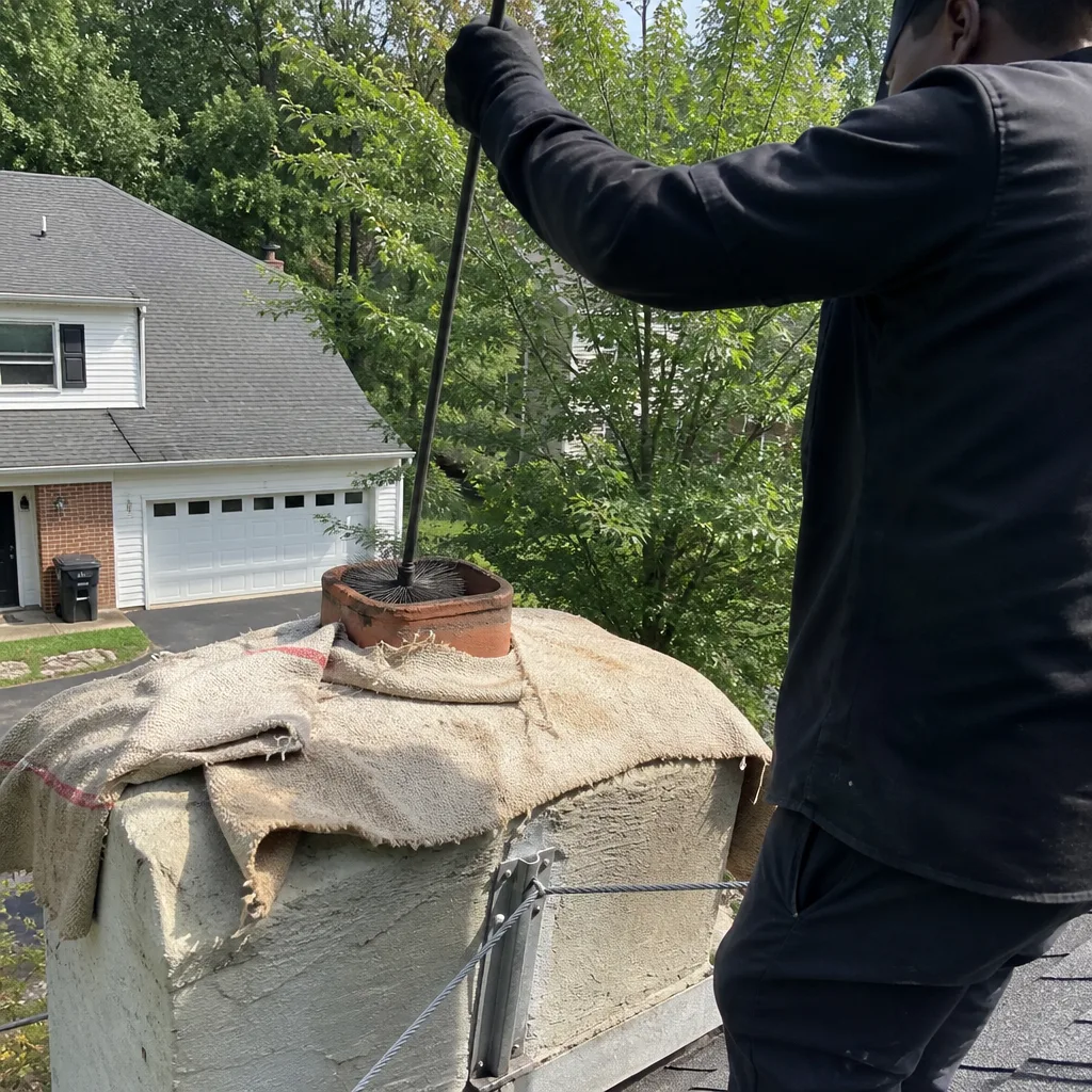 Professional technician performing a chimney sweep cleaning on a rooftop