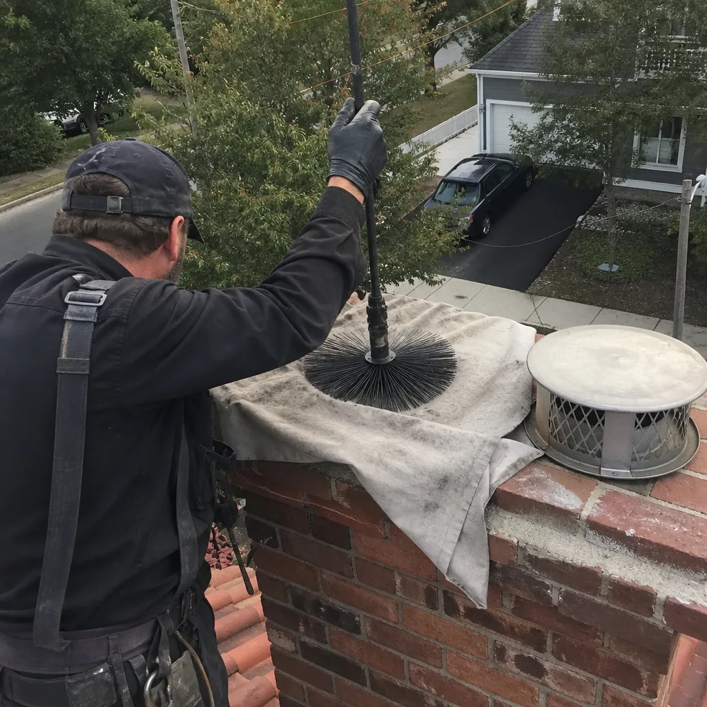 Professional chimney sweep cleaning a brick chimney from the roof