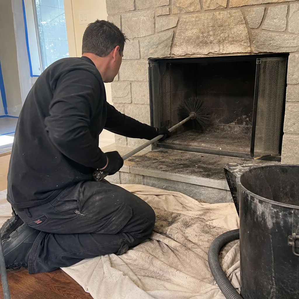 Professional chimney sweep cleaning a stone fireplace with a long brush