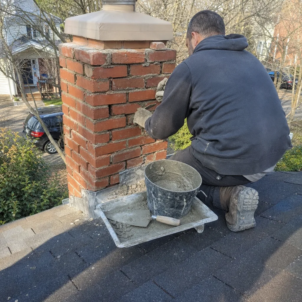 Professional mason performing chimney brick repair and tuckpointing on a residential roof