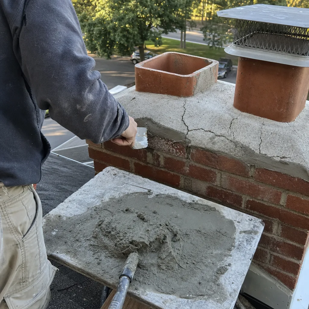 Professional masonry contractor performing chimney crown repair and maintenance