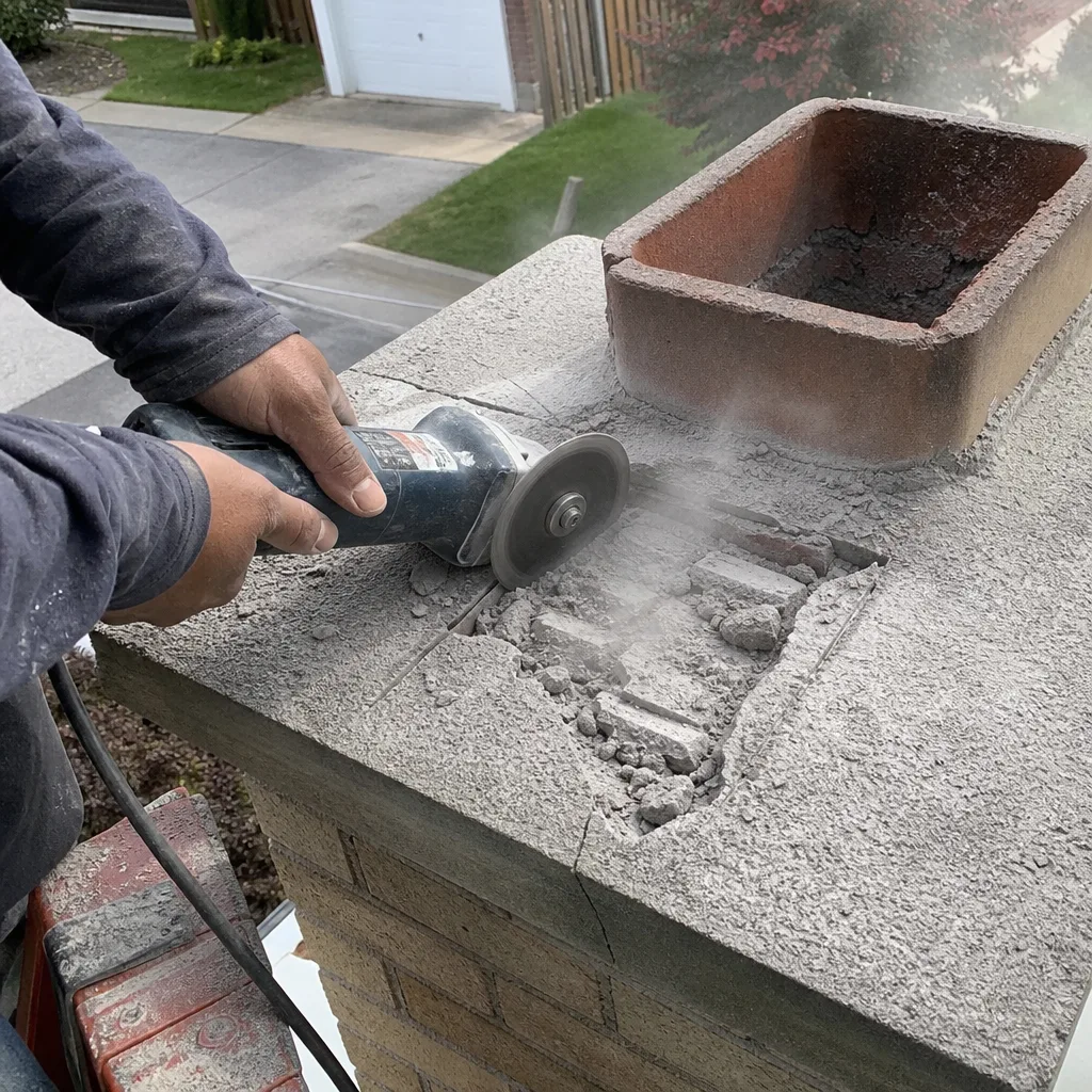Professional technician using an angle grinder for chimney crown repair
