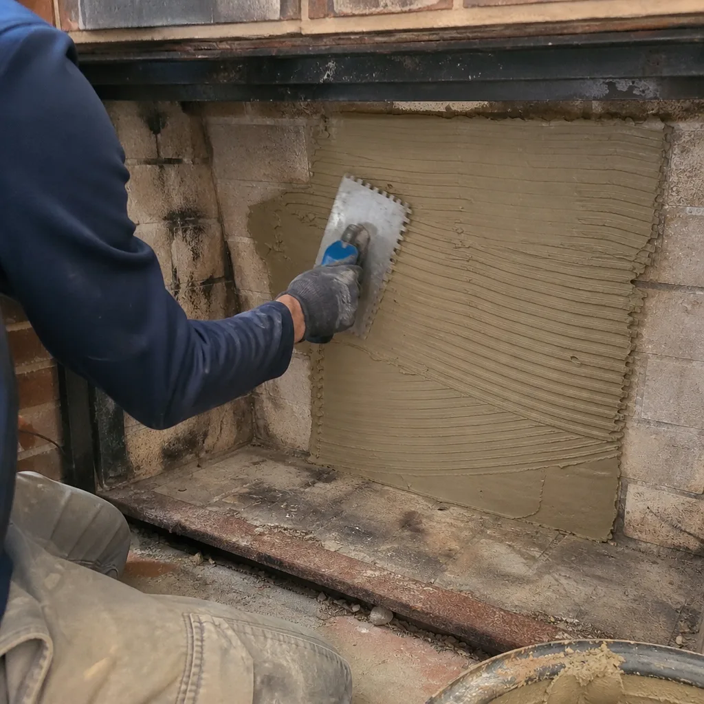 Worker applying mortar with a notched trowel to a fireplace wall