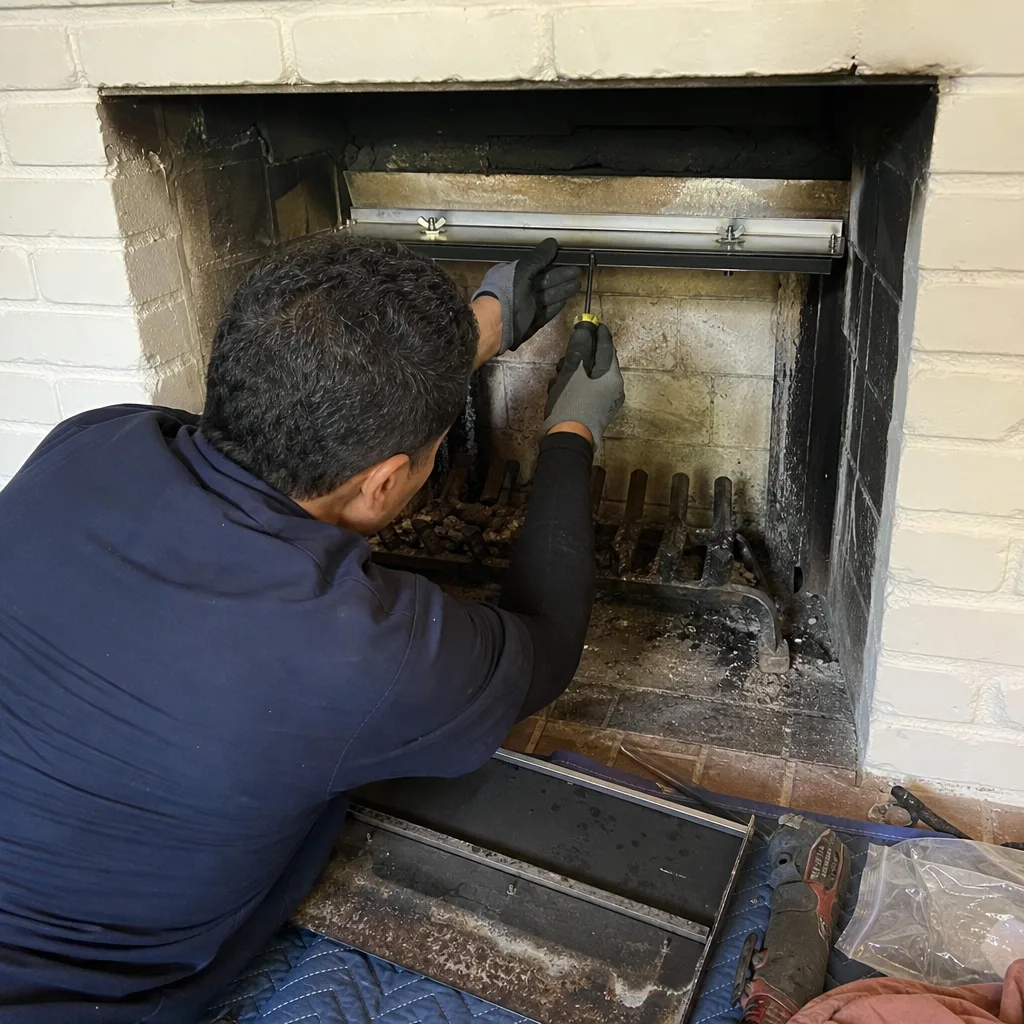 Technician installing a fireplace damper during professional chimney service